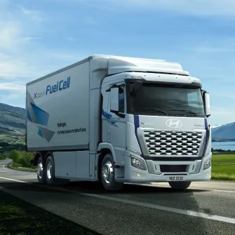 Hyundai XCIENT Fuel Cell Truck running on the coastal road